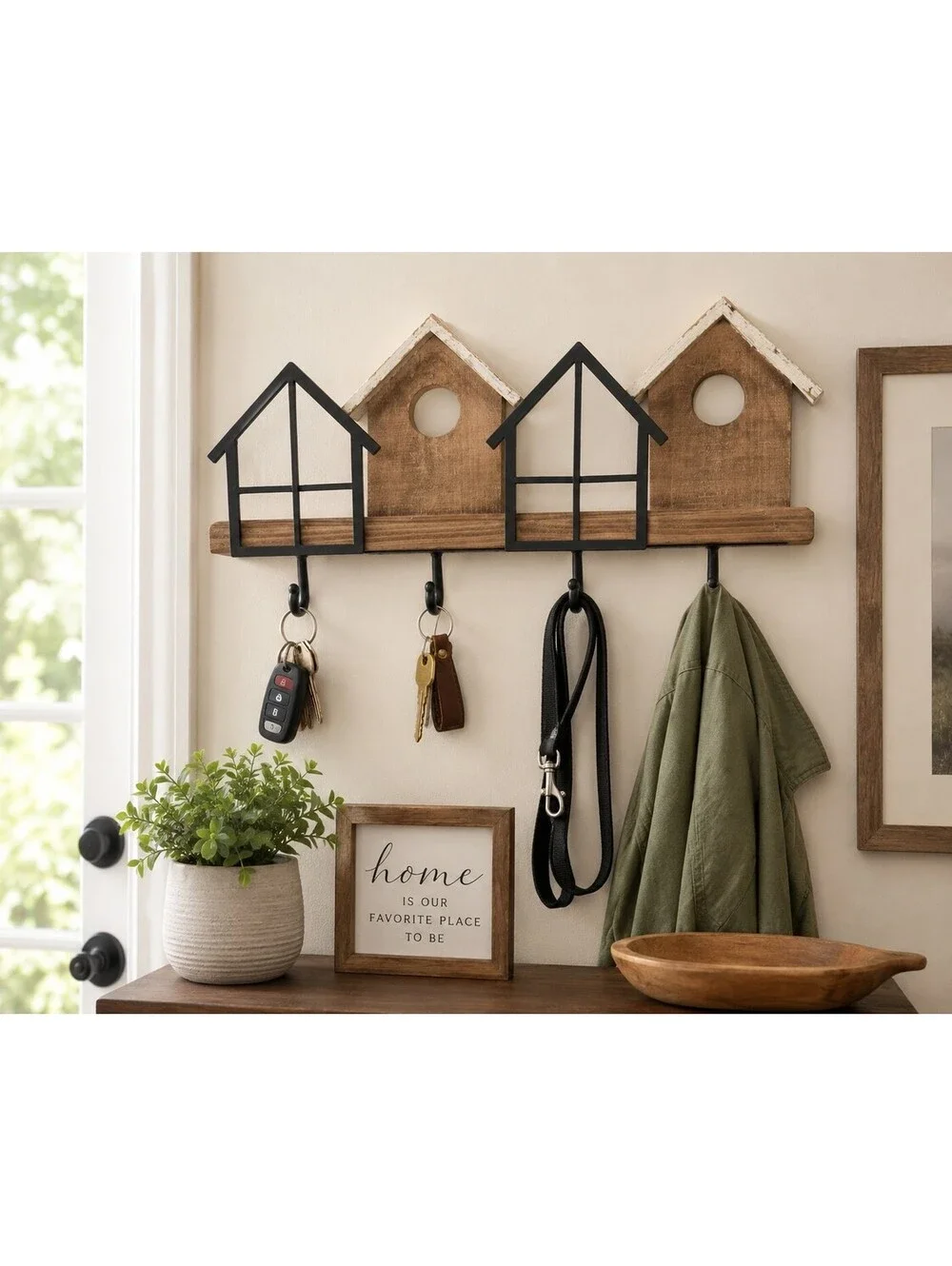 Rustic Farmhouse Birdhouse Wall Hook Rack Decor